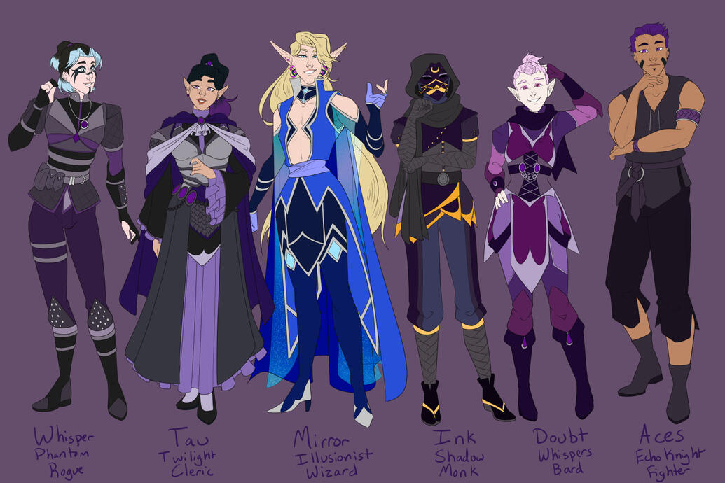 Six flat-color characters of various fantasy races and designs.