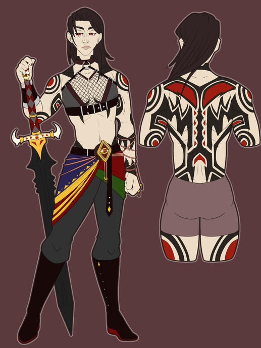 Reference sheet of an androgynous human holding a large sword. Included is a reference of the black-and-red tattoo that covers their back.