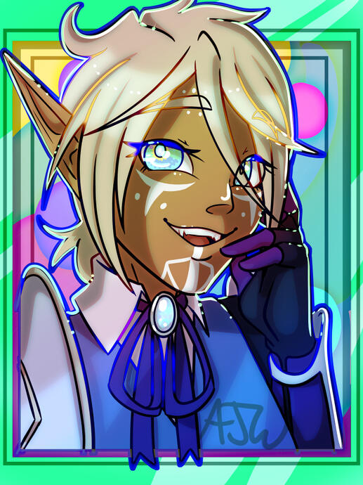 An elf illustrated in a bright neon style reminiscent of early 2000s internet.