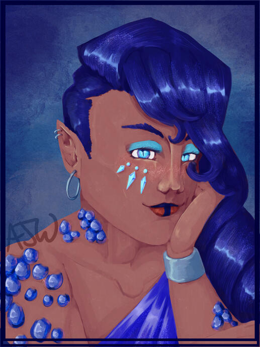 Digital painting of an androgynous half-elf with heavy makeup and blue dragon scales.