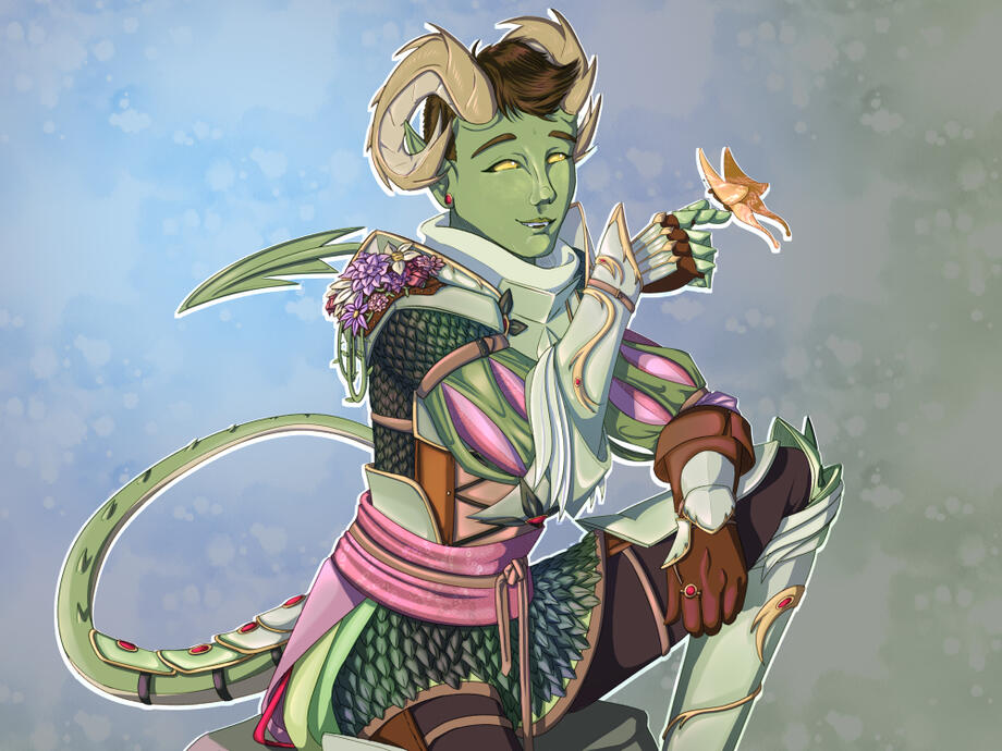 Illustration of a D&D tiefling in full plate armor, sitting on a rock and looking at a butterfly that has landed on his finger.