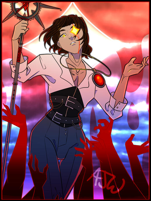 A cropped image of a masculine fantasy character in a cel-shaded, stylized digital art piece.