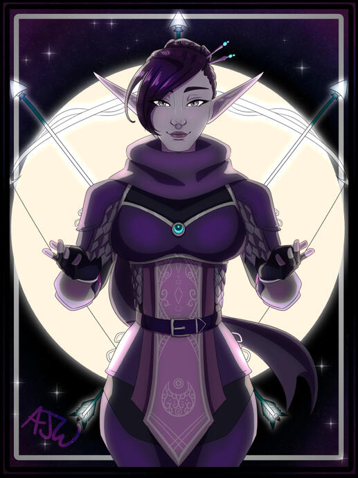 A female drow in front of a full moon with bow and arrow iconography behind her.