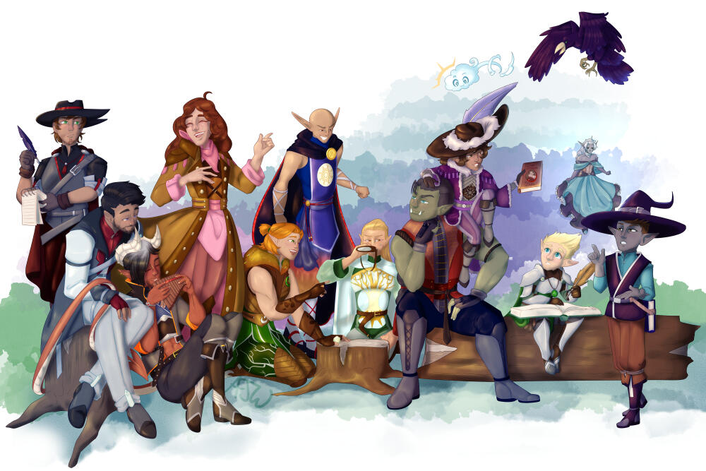 A large painted image featuring eleven D&D characters of various species and classes, plus two familiars.